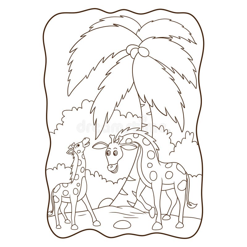 Cartoon Illustration Two Giraffes Playing in the Forest Book or Page