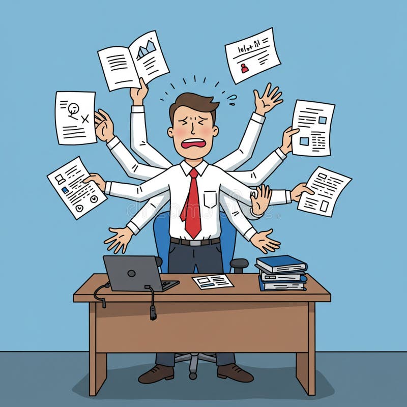 Cartoon image of a man with multiple arms, each holding various documents royalty free illustration