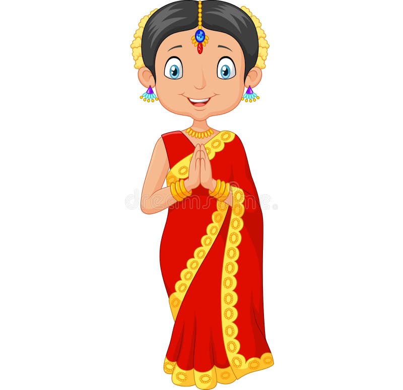 Cartoon Indian Girl Wearing Traditional Dress Stock Vector - Illustration  of jewelry, mela: 60528321