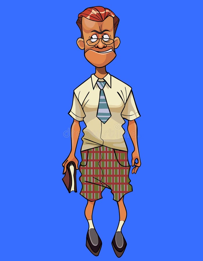 Cartoon Intelligent Man in a Tie and Shorts with a Book in His Hand ...