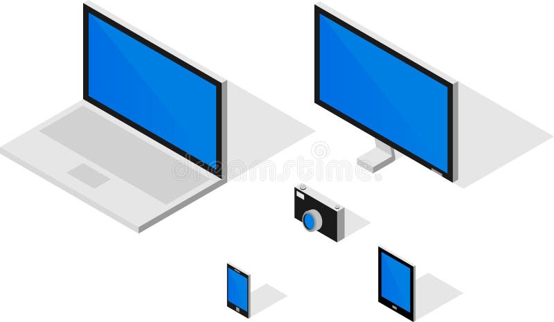 Cartoon isometric computer, monitor, phone, tablet and camera vector illustration