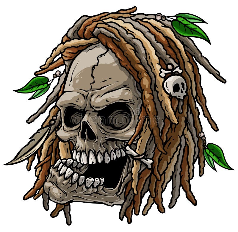 Cartoon jamaican wild skull with dreadlocks stock illustration.