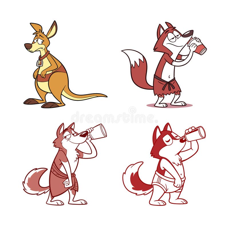 Cartoon Kangaroo and Husky Characters Drinking Animation stock illustration