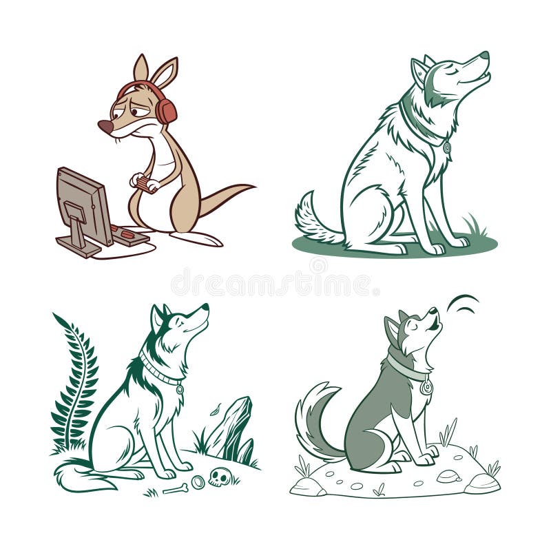 Cartoon Kangaroos and Huskies Character Illustration stock illustration