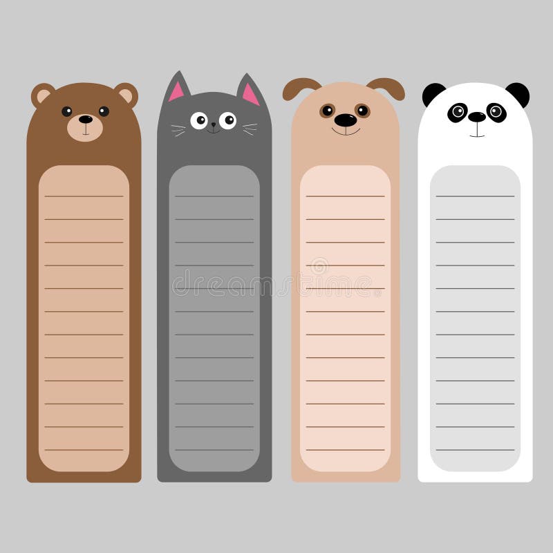 Cartoon kawaii baby bear, cat, dog, panda. Animal head set. Bookmark paper sticker collection. Notepad template. Flat design. Gray