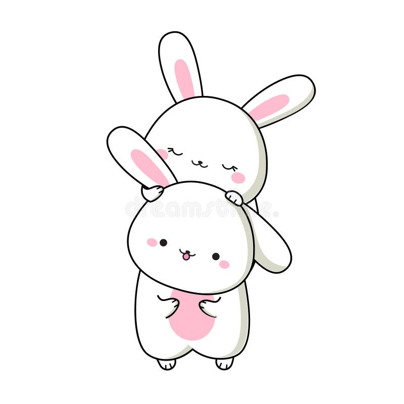 Cartoon Kawaii Rabbits. Cute Hare Characters Hugging. Vector ...