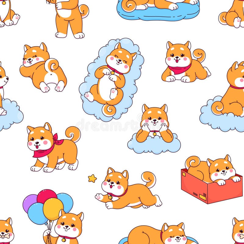 Cartoon kawaii Shiba Inu dog seamless pattern stock illustration
