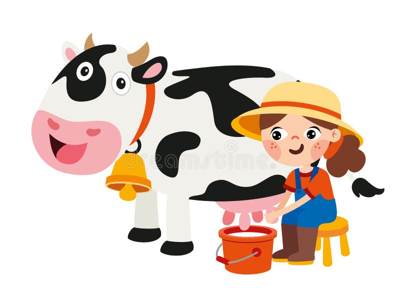 Cartoon Kid Milking a Cow stock illustration. Illustration of barn