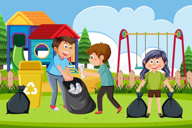 Cartoon Kids Collecting Trash in the Park Stock Vector - Illustration ...