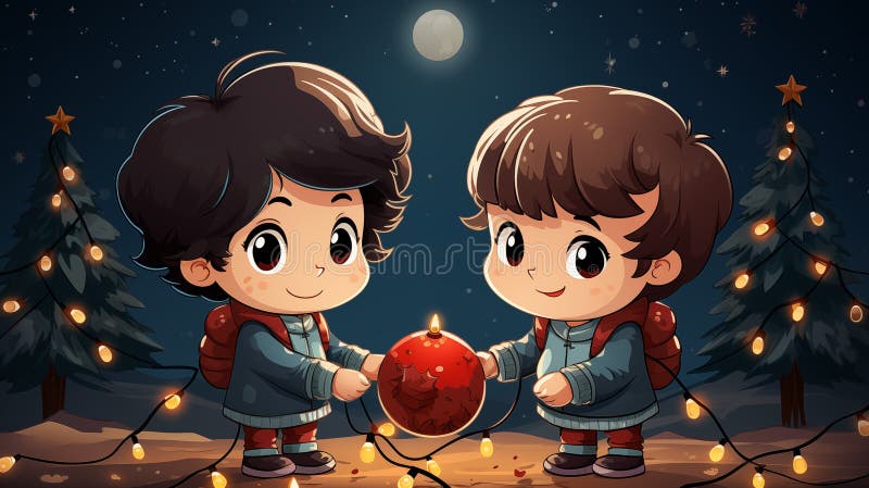 Cartoon kids decorating Christmas tree royalty free illustration