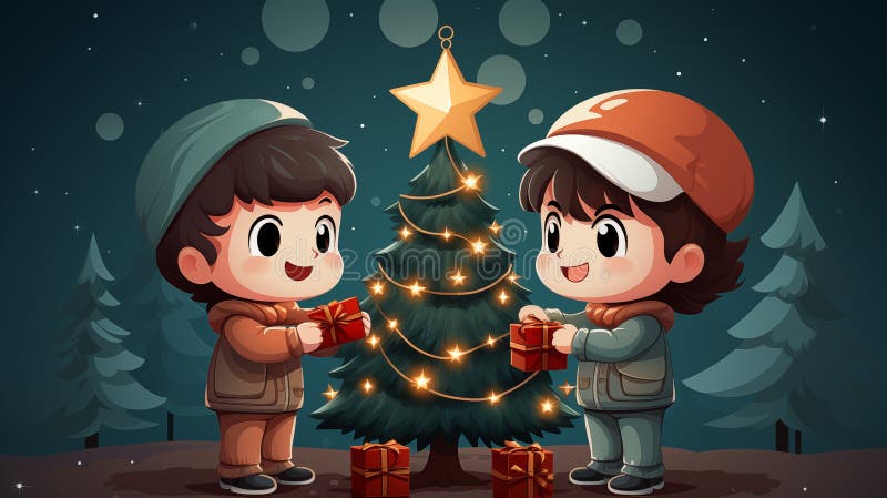 Cartoon kids decorating Christmas tree royalty free illustration