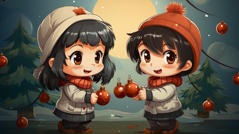 Cartoon kids decorating Christmas tree royalty free illustration