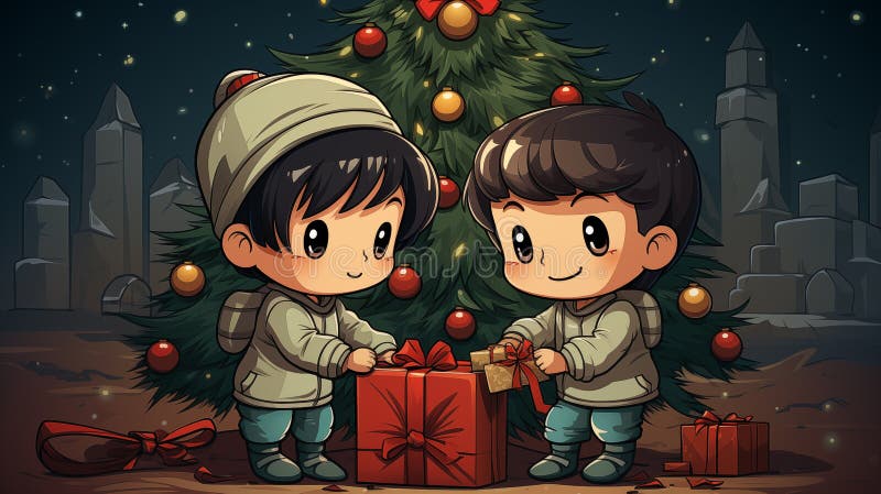 Cartoon kids decorating Chrismas tree vector illustration