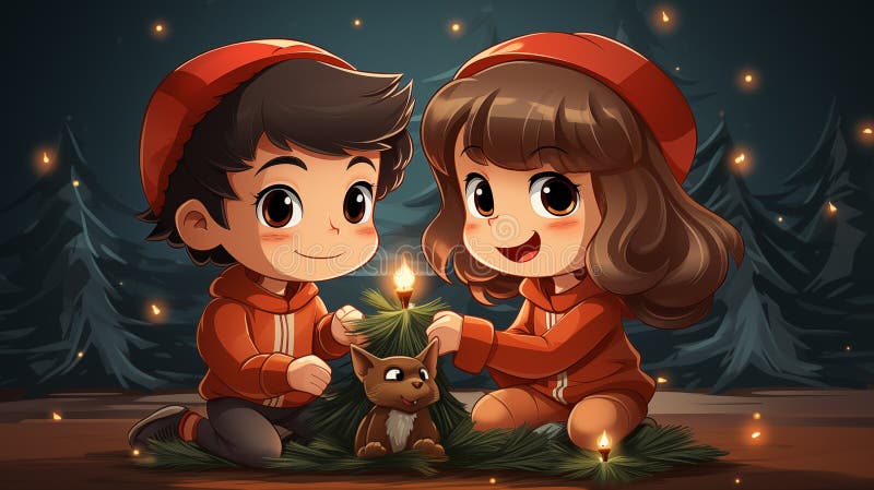 Cartoon kids decorating Chrismas tree vector illustration