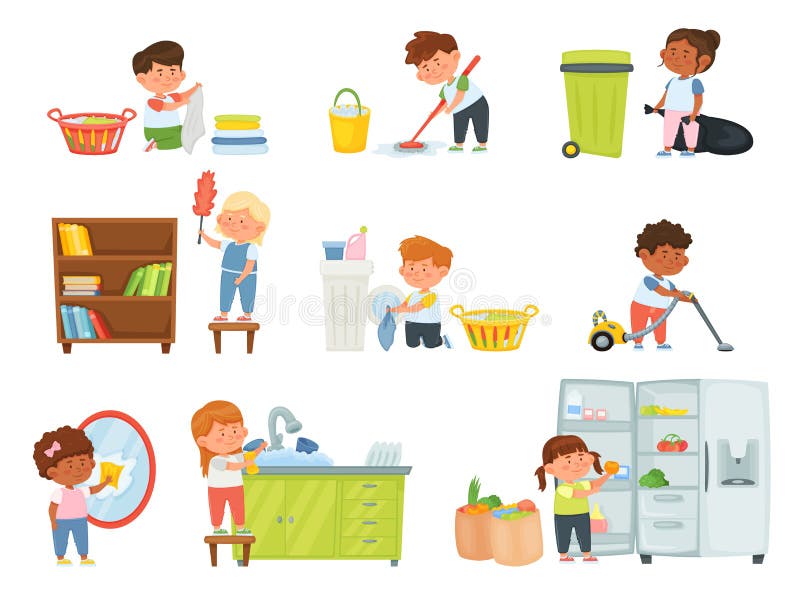 Cartoon kids doing housework, children helping with chores. Boys and girls vacuuming, dusting, washing dishes, mopping