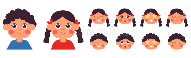 Cartoon kids emotional faces. Kid emotion, kawaii smile girl boy. Little kid character face constructor, expressions