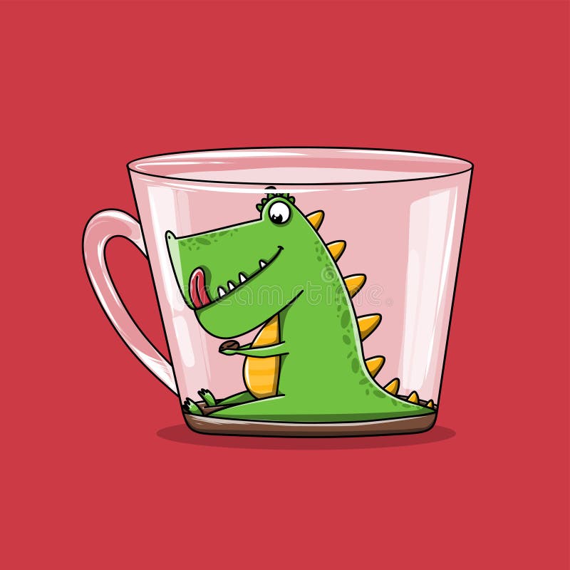 Cartoon Kids Illustration Dinosaur in Coffee Cup Stock Illustration