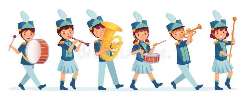 Cartoon kids marching band parade. Child musicians on march, childrens loud playing music instruments cartoon vector