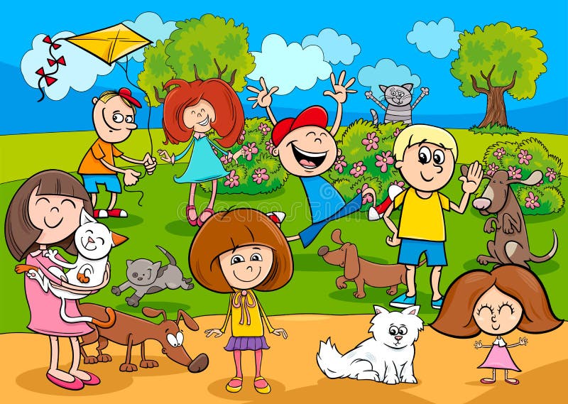 Cartoon kids with pets in the park vector illustration
