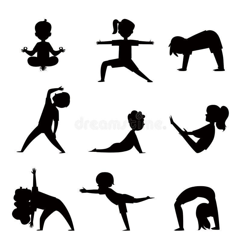 cartoon kids silhouette set various yoga poses child exercise fitness collection children stretching meditating 157278605