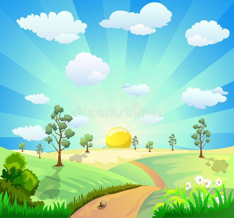 Kreslená ilustrácie krajiny s lesklým slnko, mraky, stromy, kvety, a cesty.