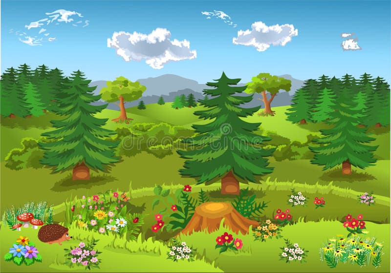Cartoon landscape with hills, mountains, forests, flowers and fir trees