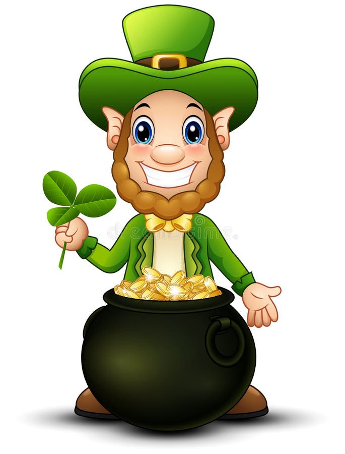 Cartoon Leprechaun with pot of gold and holding clover leaf vector illustration Cartoon Leprechaun with pot of gold and holding clover leaf vector illustration