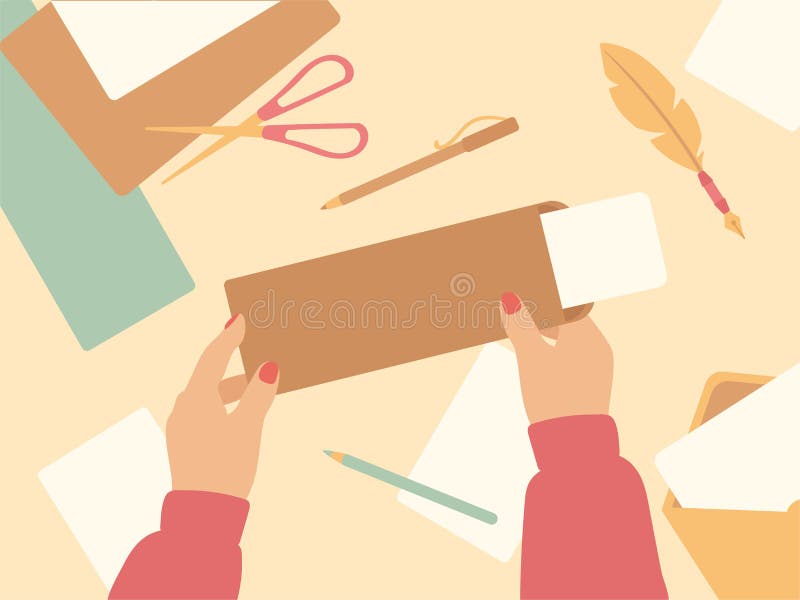 Cartoon letter writing. Hand holding brown vintage envelope, craft paper and postcard. Post office elements, real mail