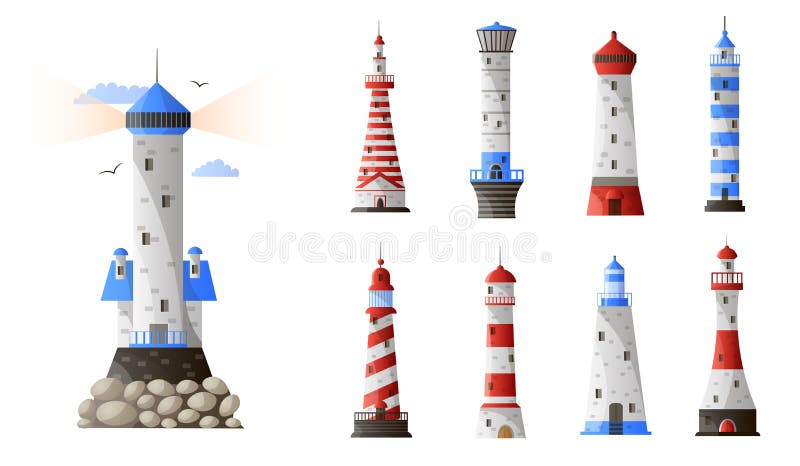 Cartoon lighthouse different types set isolated on white background stock illustration Cartoon lighthouse different types set isolated on white background stock illustration