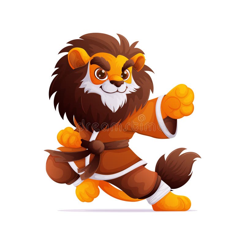Cartoon Lion Ćwiczenie sztuk walki Kung Fu. Zabawne szkolenie na temat postaci zwierząt. ilustracji