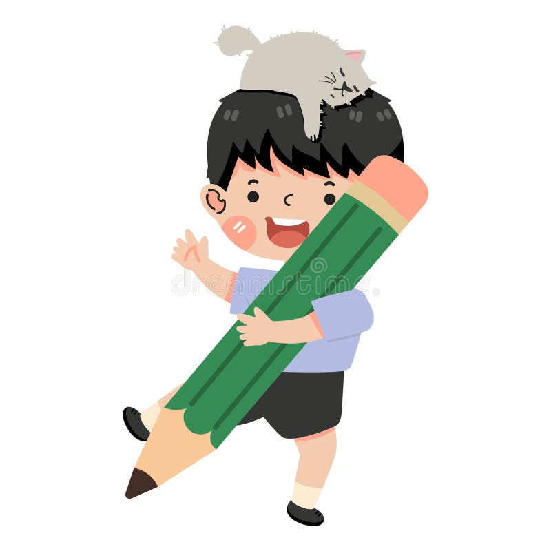 Cartoon Little Boy with Pencil Stock Vector Illustration of back
