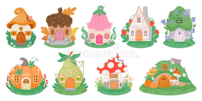 Cartoon little fantasy houses for fairies, elves, gnomes or dwarfs. Mushroom, pumpkin and flower cute fairytale homes in forest