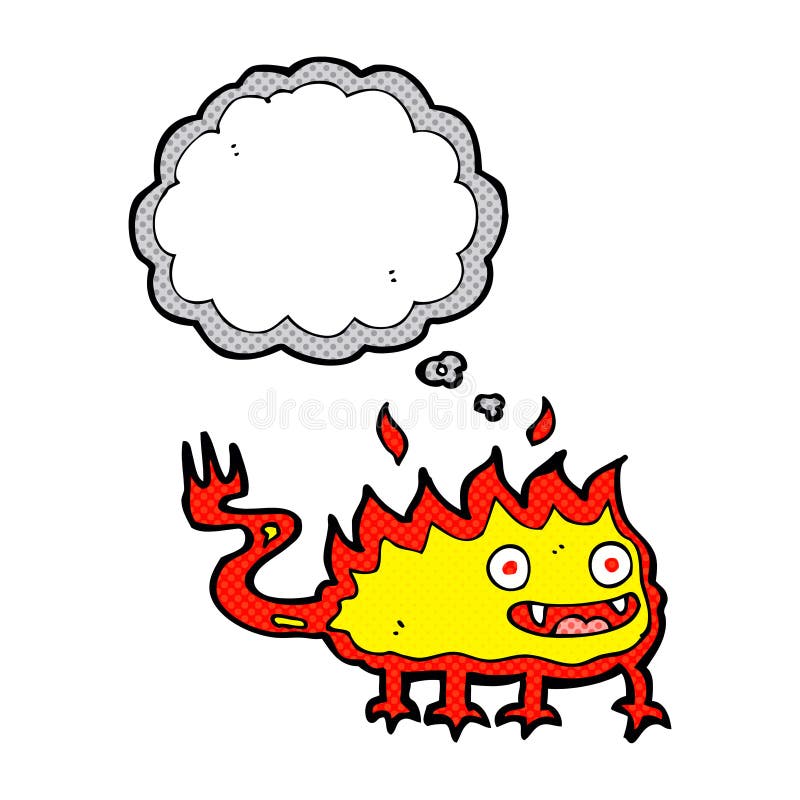 cartoon little fire demon with thought bubble