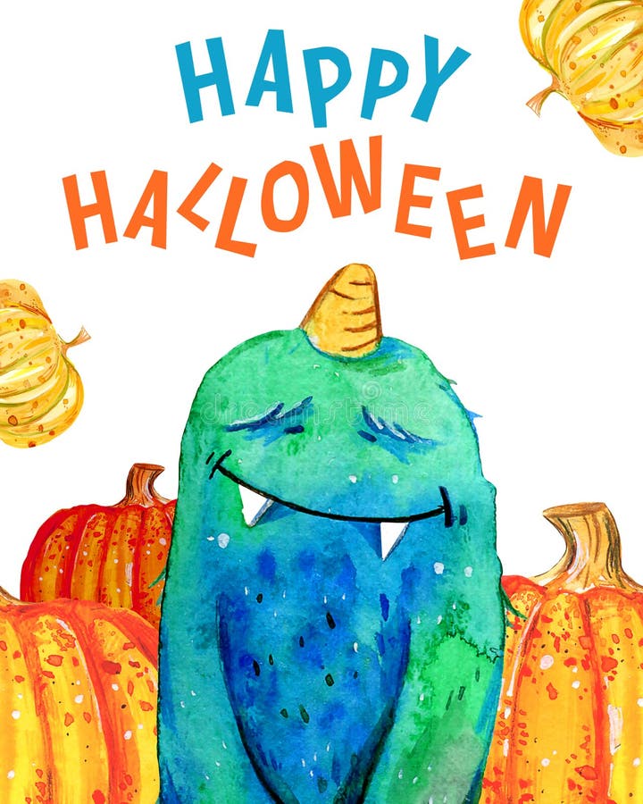 Cartoon little furry monster and pumpkins with title `Happy Halloween`. Hand drawn watercolor illustration royalty free illustration Cartoon little furry monster and pumpkins with title `Happy Halloween`. Hand drawn watercolor illustration royalty free illustration