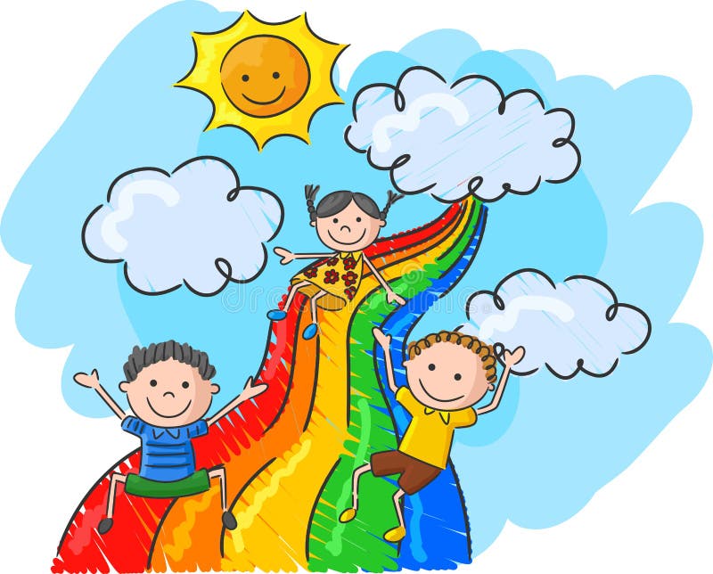 Cartoon Little Kids Playing Slide Rainbow Stock Vector - Illustration of  mascot, little: 54300425