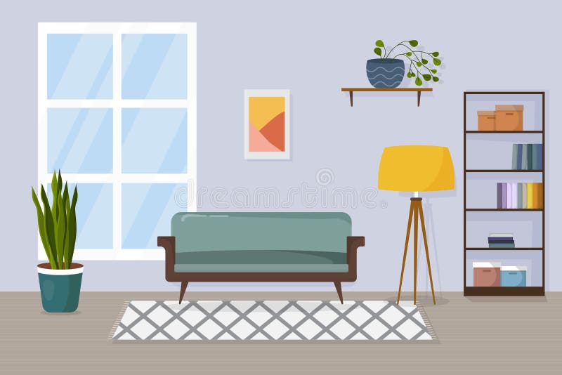Cartoon Living Room with Furniture and Plants. Cozy Interior with  Comfortable Sofa, Bookcase, Lamp, Carpet and Window Stock Vector -  Illustration of design, cartoon: 213419811