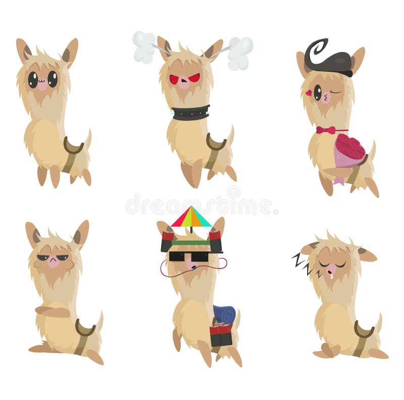 Cartoon llama set. Set of cute llama stickers or badges isolated on white background. Cute llamas with different emotions and mood. Alpaca vector illustration set.