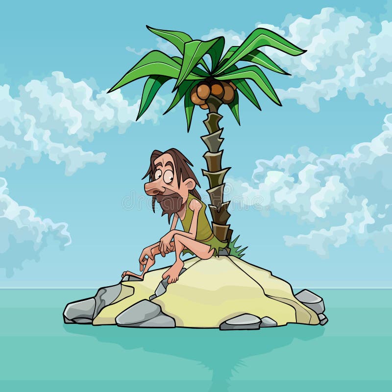 Cartoon lonely man on a small island with a palm tree