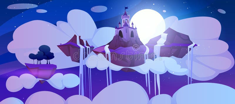 Cartoon Magic Castle Float on Piece of Rock at Night Stock Vector ...