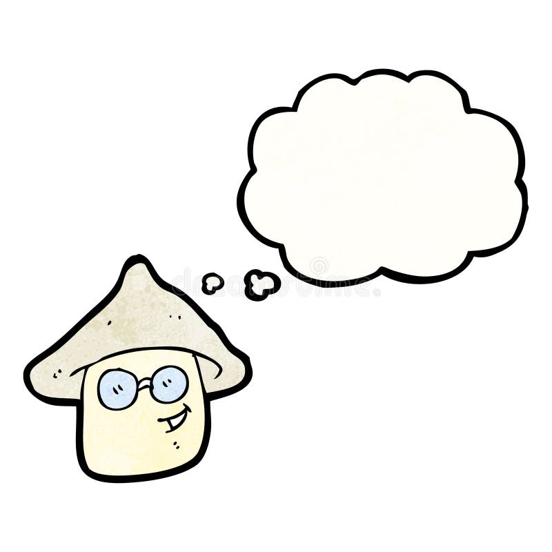 cartoon magic mushroom character with thought bubble