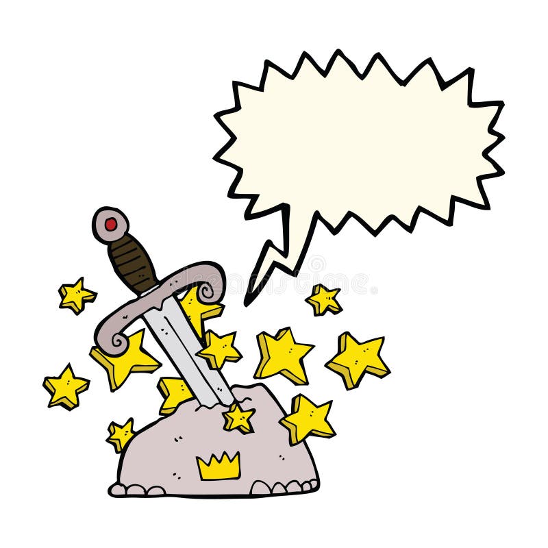 Cartoon Magical Sword in Stone with Speech Bubble Stock Illustration