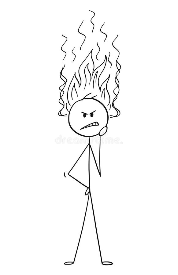 Cartoon of Man or Businessman Thinking Hard With His Hot Head Burning With Flames