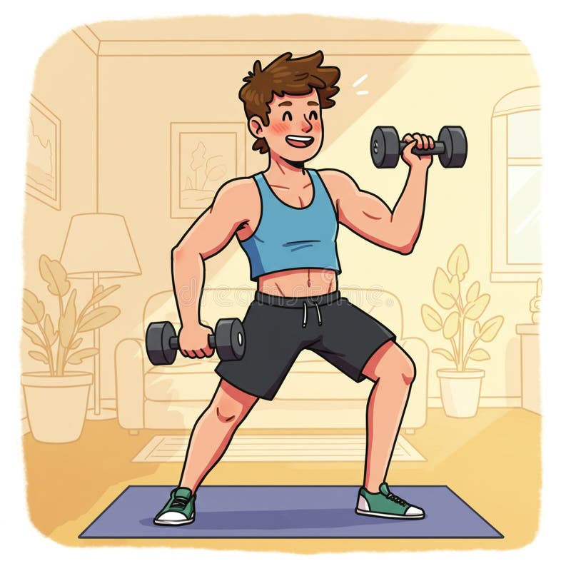 A cartoon man exercises in a living room, lifting dumbbells. He wears a blue tank to royalty free illustration