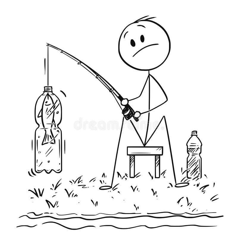 Cartoon of Man or Fisherman Fishing on the River or Lake Shore Catching a Fish in Plastic Bottle