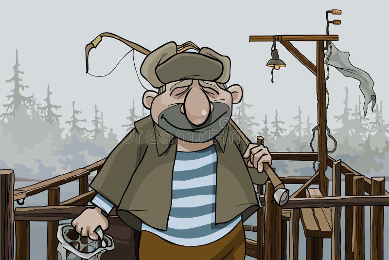 Cartoon man fisherman standing on the village pier