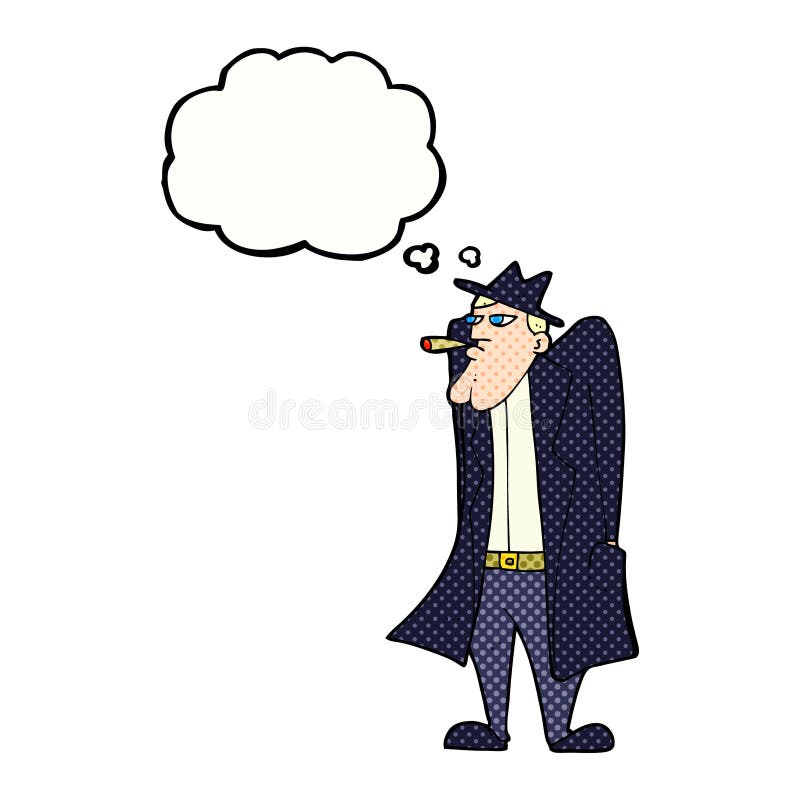 Cartoon Man in Hat and Trench Coat with Thought Bubble Stock Illustration Illustration of male