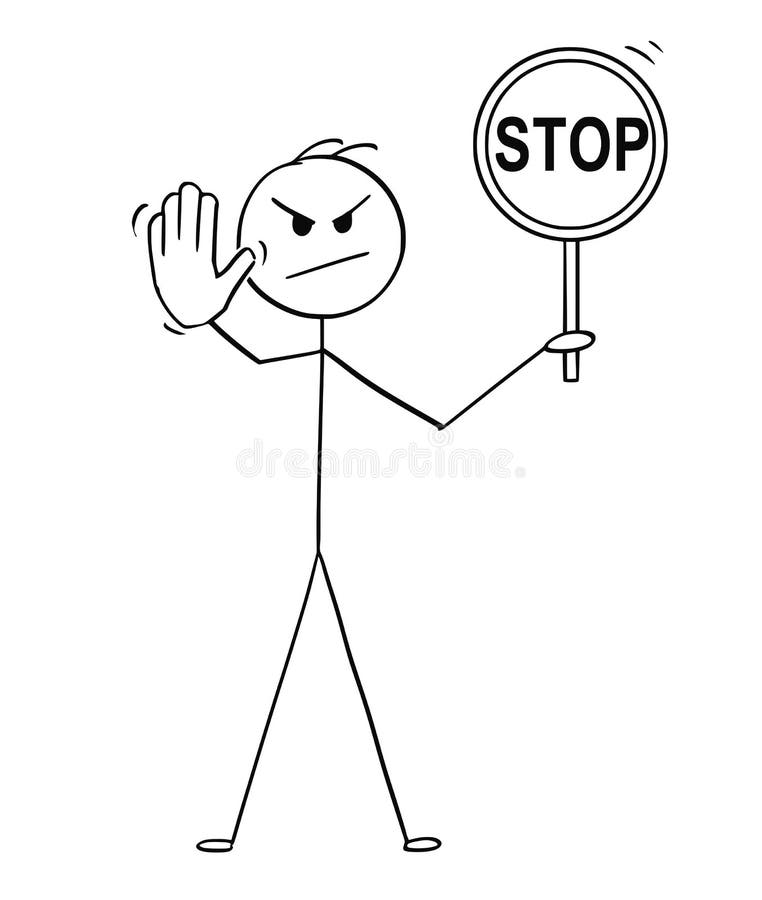 Cartoon of Man Holding Stop Sign and Showing Stop Gesture Stock