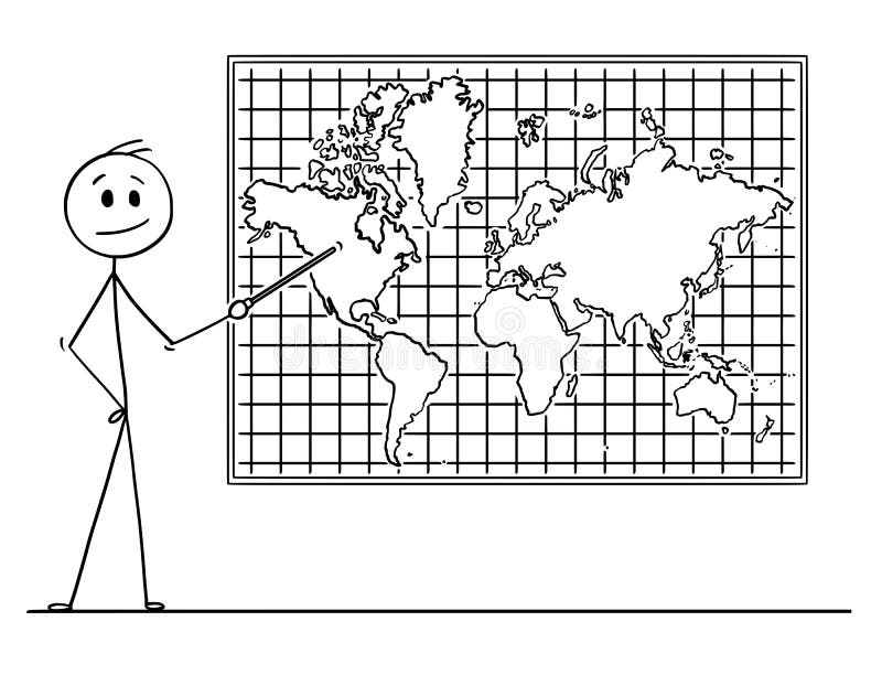 Cartoon of Man Pointing at North America Continent on Wall World Map