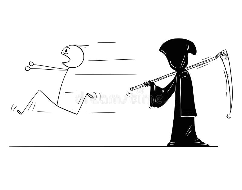 Cartoon of Man Running Away From Grim Reaper or Death with Scythe