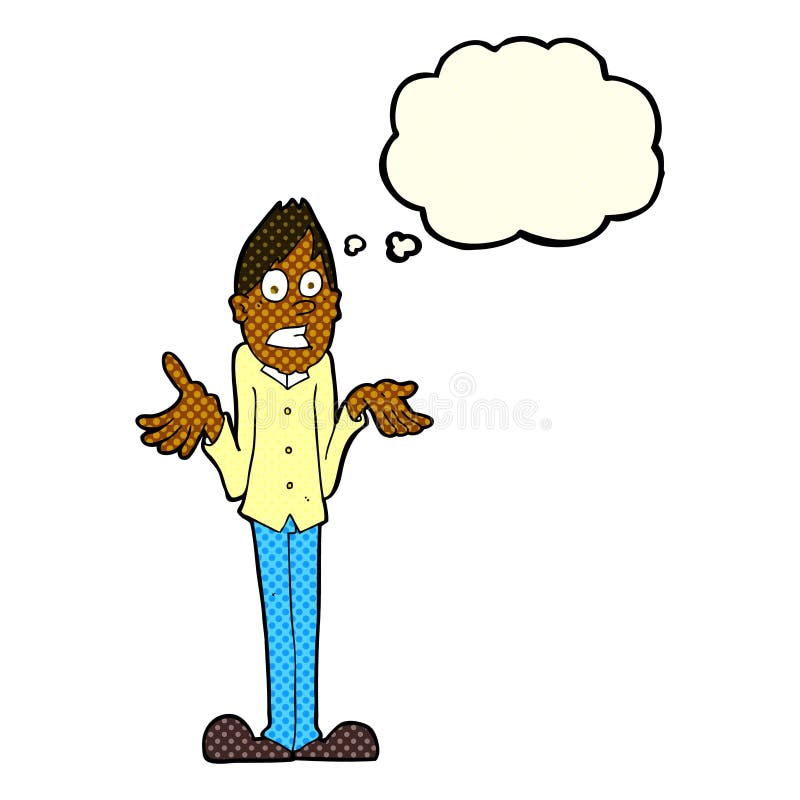 Cartoon Man Shrugging Shoulders with Thought Bubble Stock Illustration